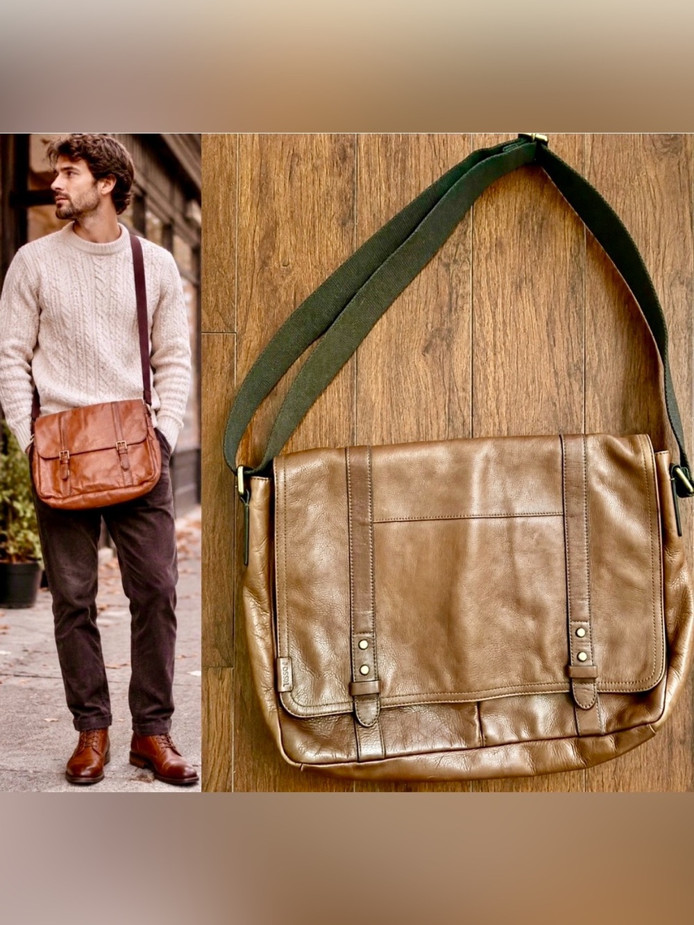 VINTAGE FOSSIL BROWN LEATHER MESSANGER BAG CROSSBODY SATCHEL BUCKLE~NICE!